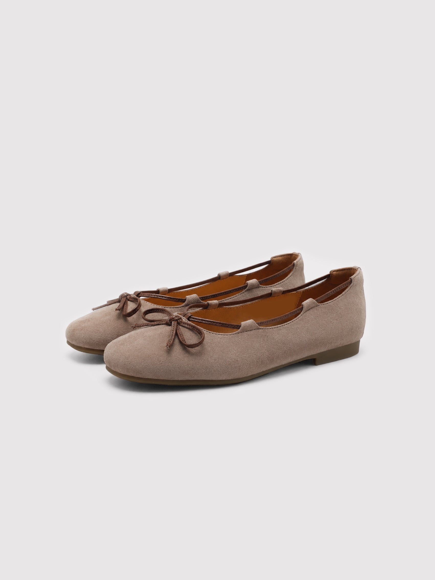 Soft Taupe Suede Ballet Flats with Leather Bow Accent