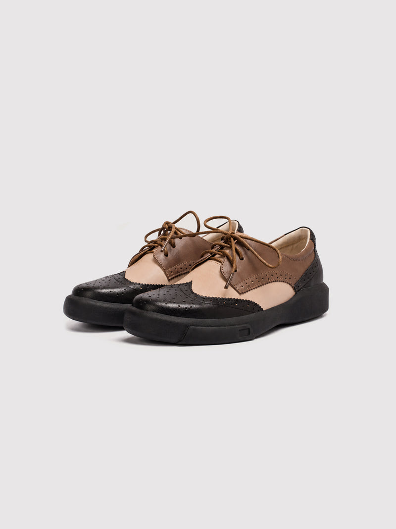 Dandy Block Brown and Black Leather Brogue Oxford Shoes, pair viewed from the front at an angle.