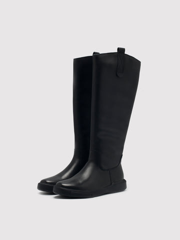 Black fleece-lined knee-high boots, pair viewed from the front at an angle.
