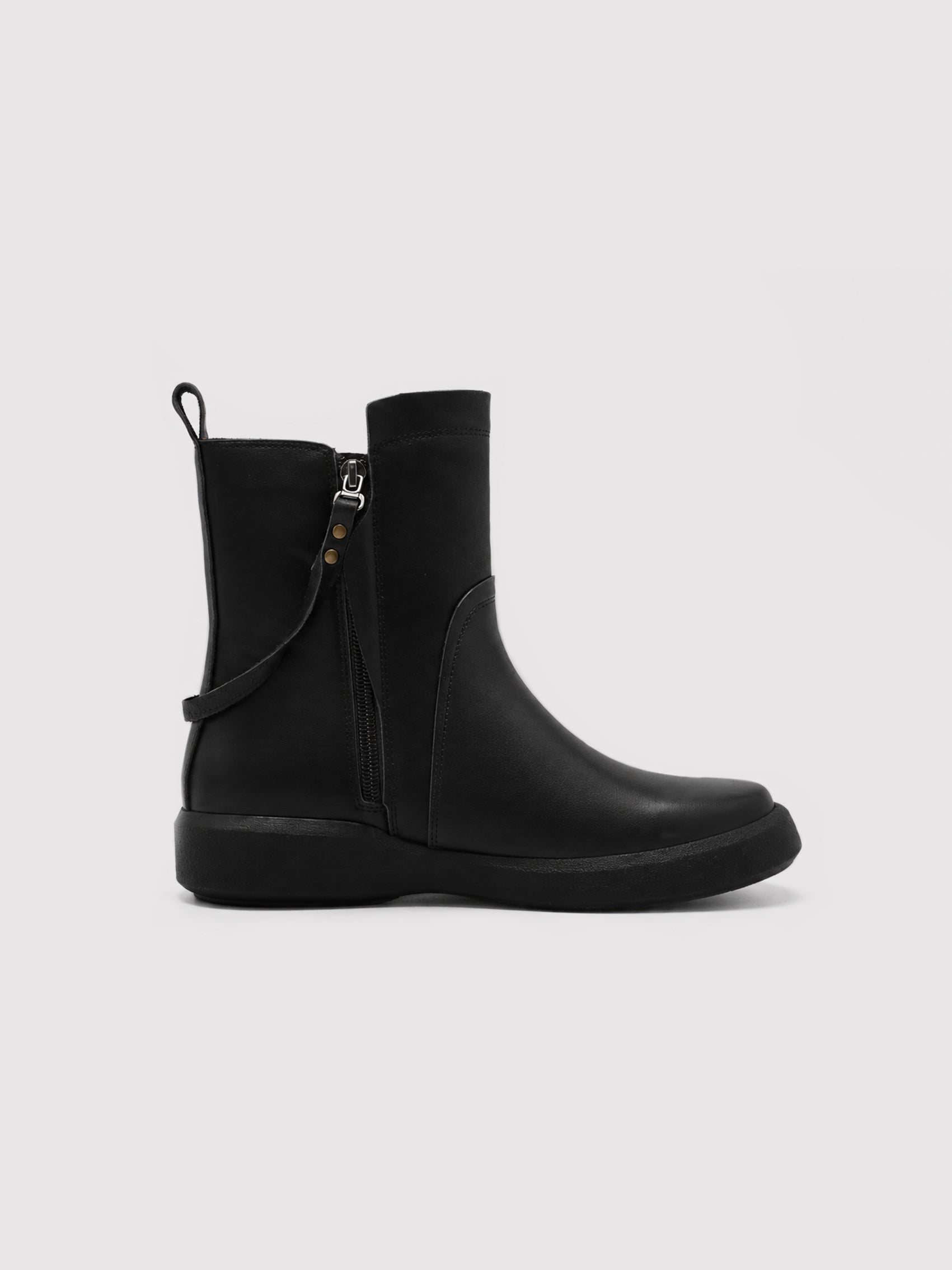 Minimalist Black Leather Ankle Boots with Decorative Strap