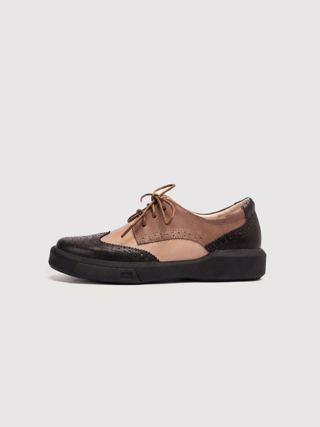 Dandy Block Brown and Black Leather Brogue Oxford Shoes, pair viewed from the front at an angle.