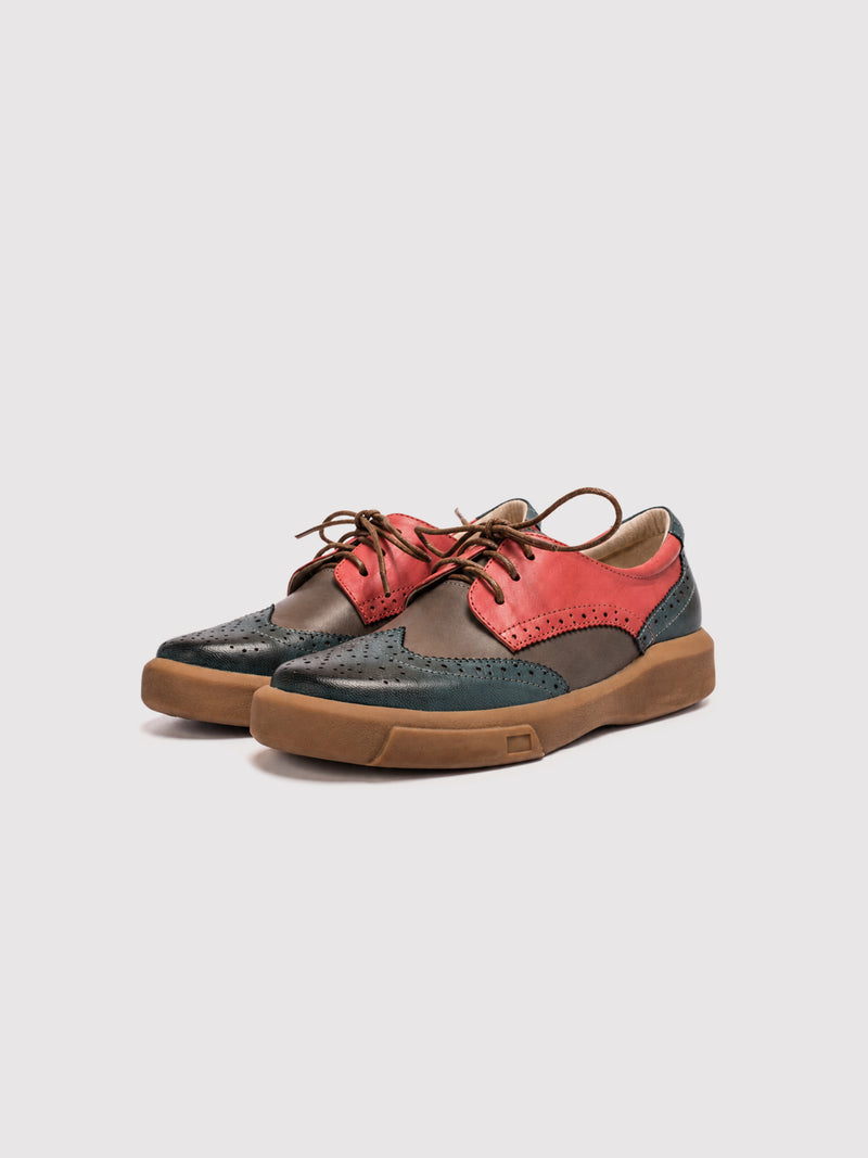 Dandy Block Red, Dark Teal and Tan Leather Brogue Derby Shoes, pair viewed at an angle, showing red, dark teal and tan panels.