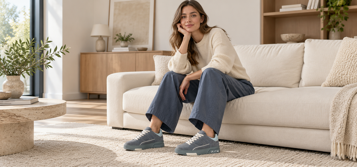 Woman wearing gray and white sneakers with blue trousers and a cream sweater.slider_item_7bRrAw
