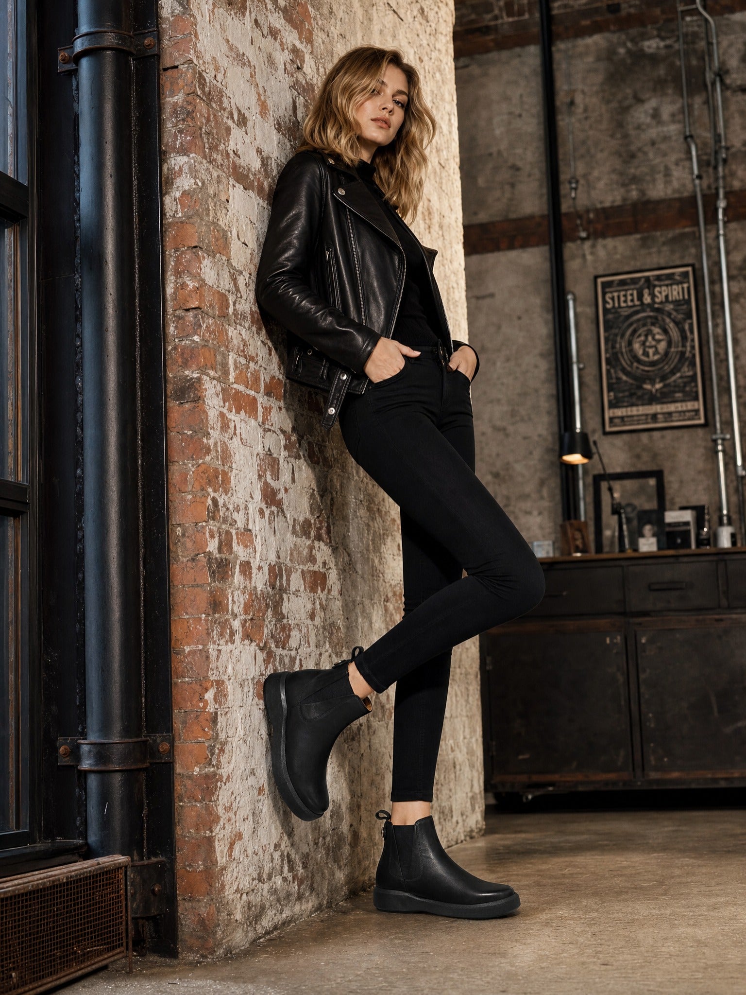 Chunky-Sole Black Leather Chelsea Boots with Decorative Gold Accent