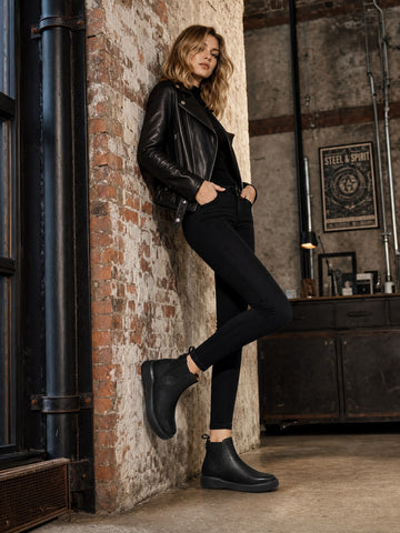 Chunky-Sole Black Leather Chelsea Boots with Decorative Gold Accent