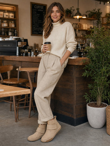 Beige Nubuck Ankle Boots with Strap Detail & Chunky Sole