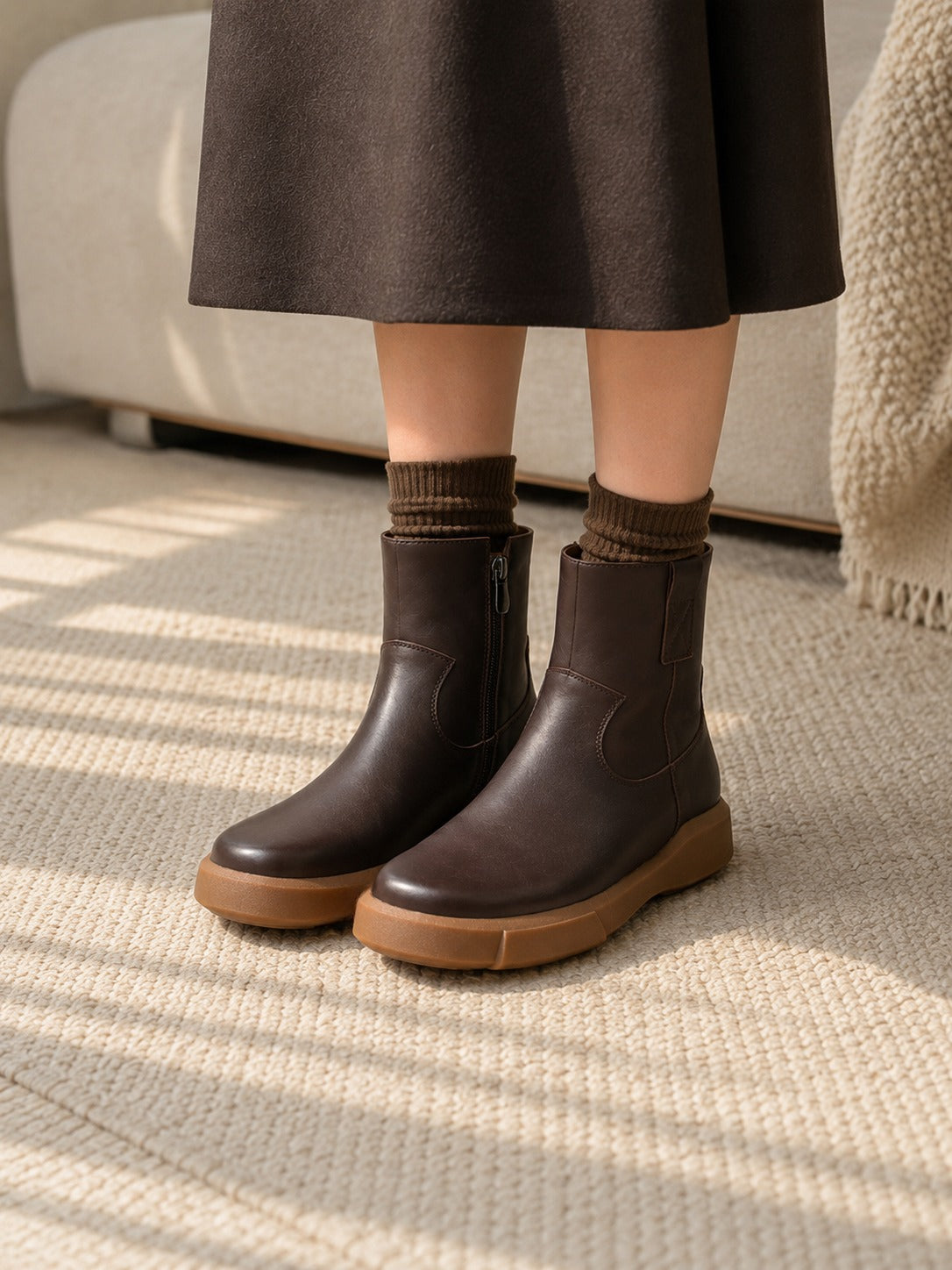 Minimalist Dark Brown Leather Ankle Boots with Side Zip