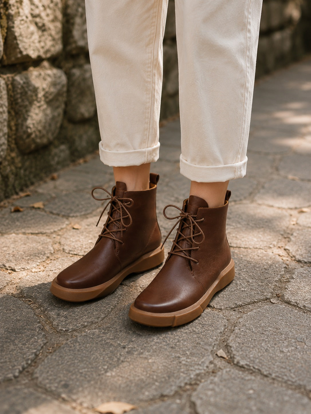Cognac Brown Leather Lace-Up Ankle Boots with Chunky Sole