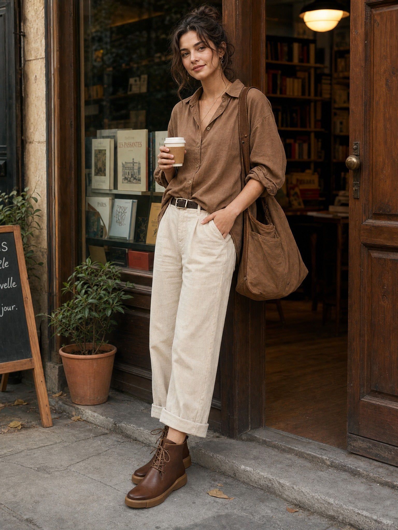 Cognac Brown Leather Lace-Up Ankle Boots with Chunky Sole
