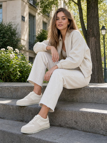 Cream Leather & Suede Low-Top Court Sneakers