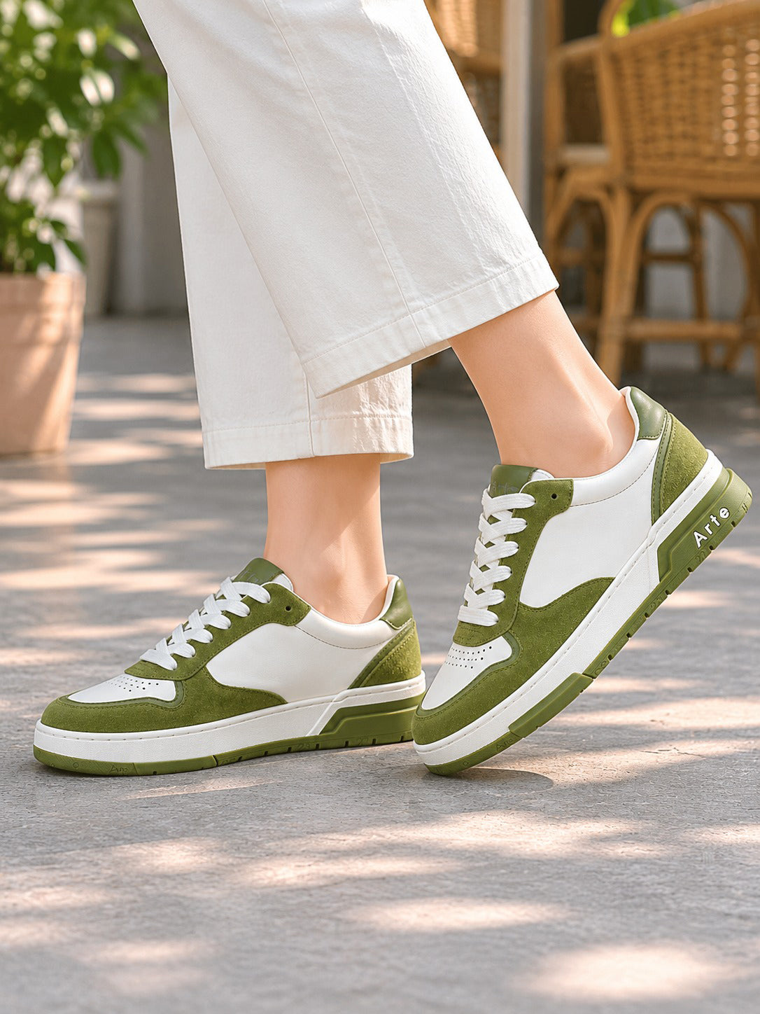 Arte Olive Green & White Suede-Trimmed Casual Shoes