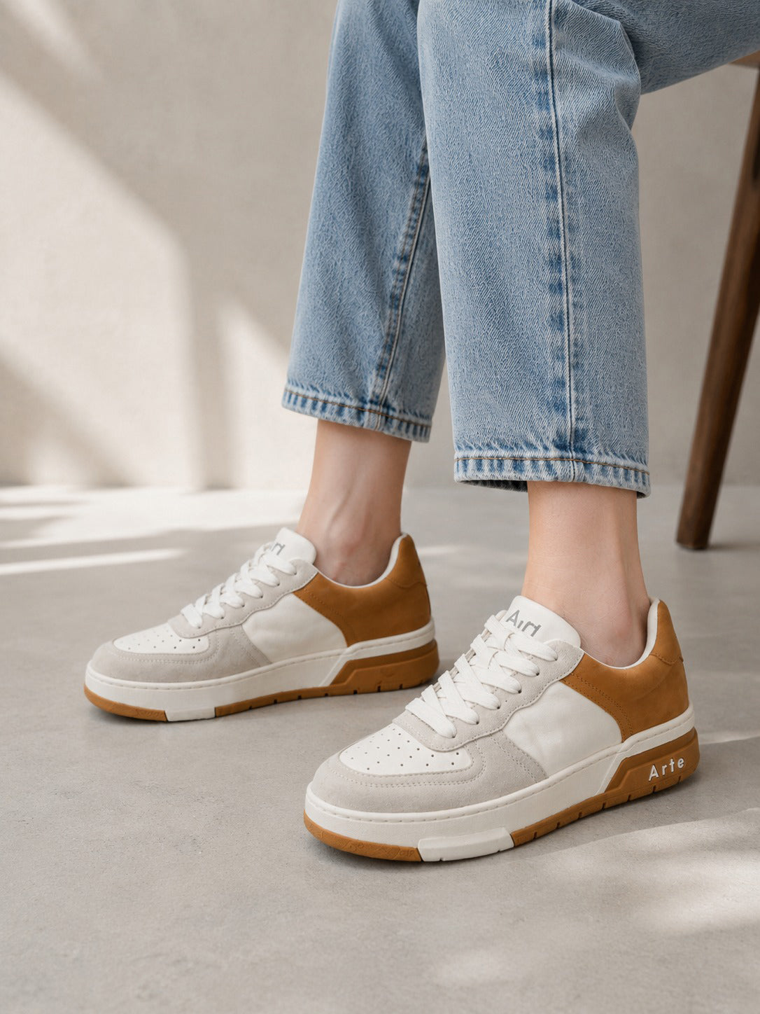 Retro Court Sneakers in Grey, White & Tan Leather