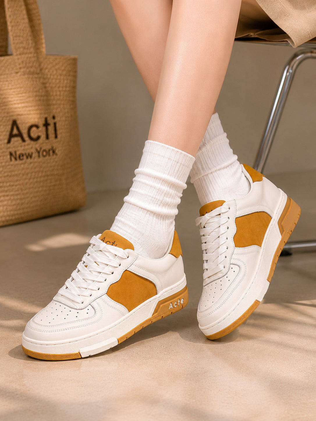 Classic Two-Tone White & Tan Leather-Suede Casual Sneakers