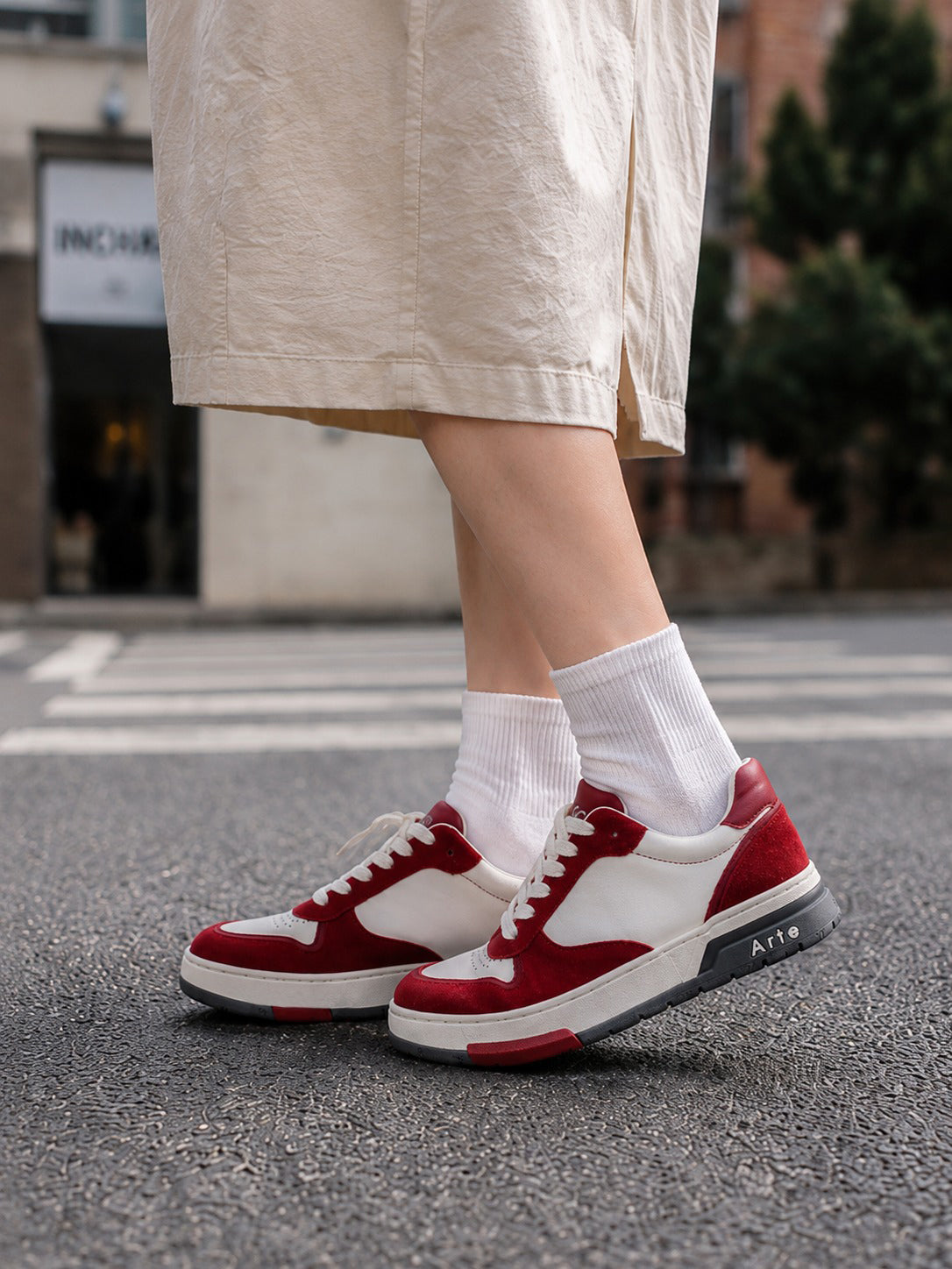 Red Suede & White Leather Low-Top Court Sneakers