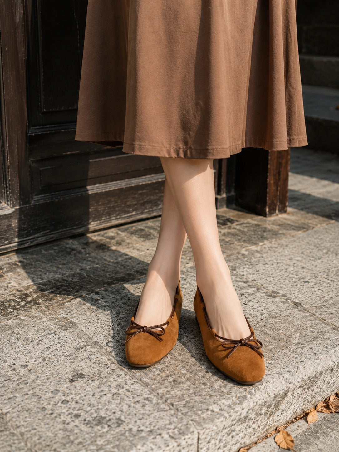 Soft Camel Suede Ballet Flats with Leather Bow Accent