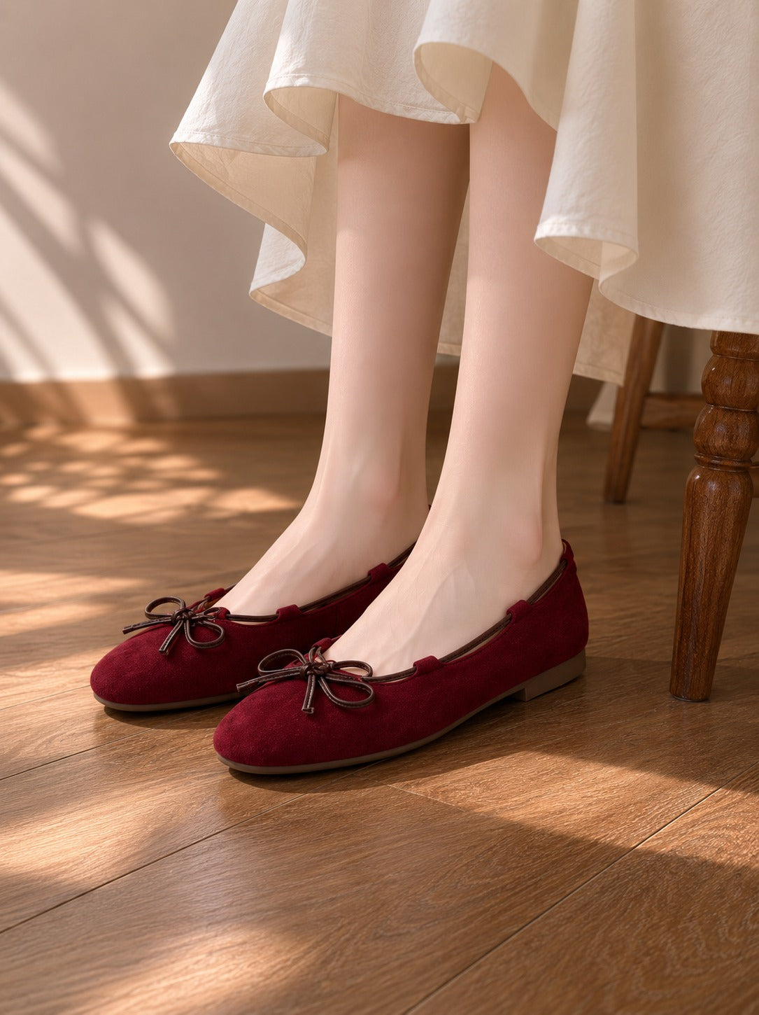 Rich Red Suede Ballet Flats with Leather Bow Accent