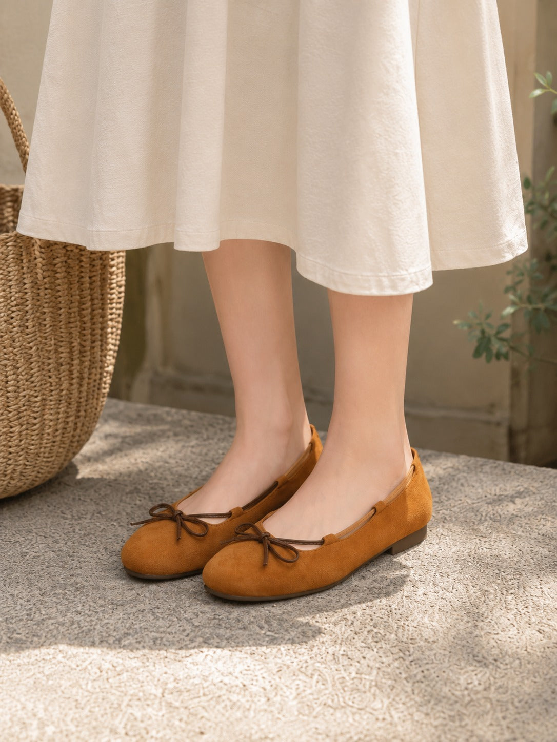 Soft Camel Suede Ballet Flats with Leather Bow Accent