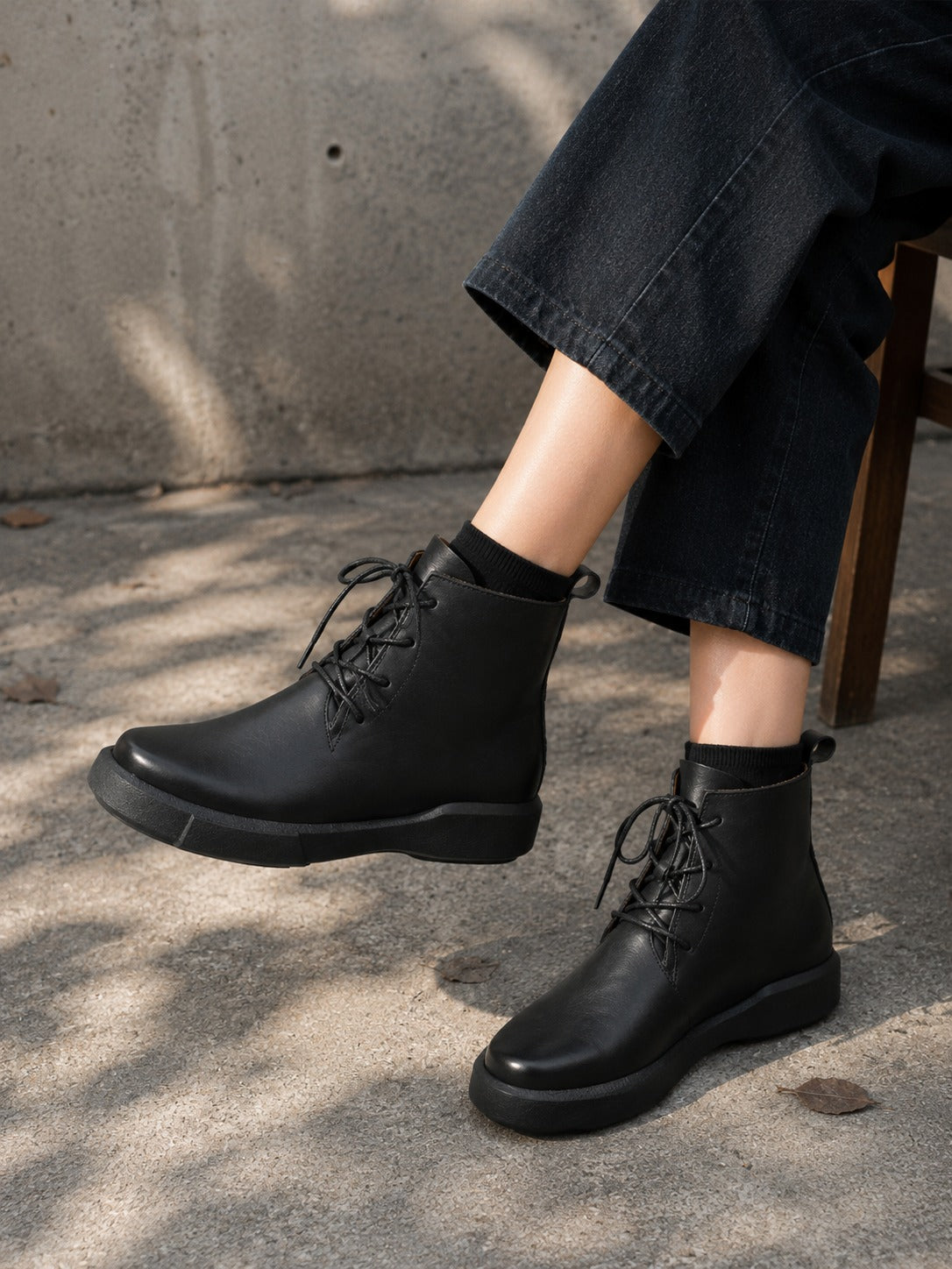 Black Leather Lace-Up Ankle Boots with Chunky Sole