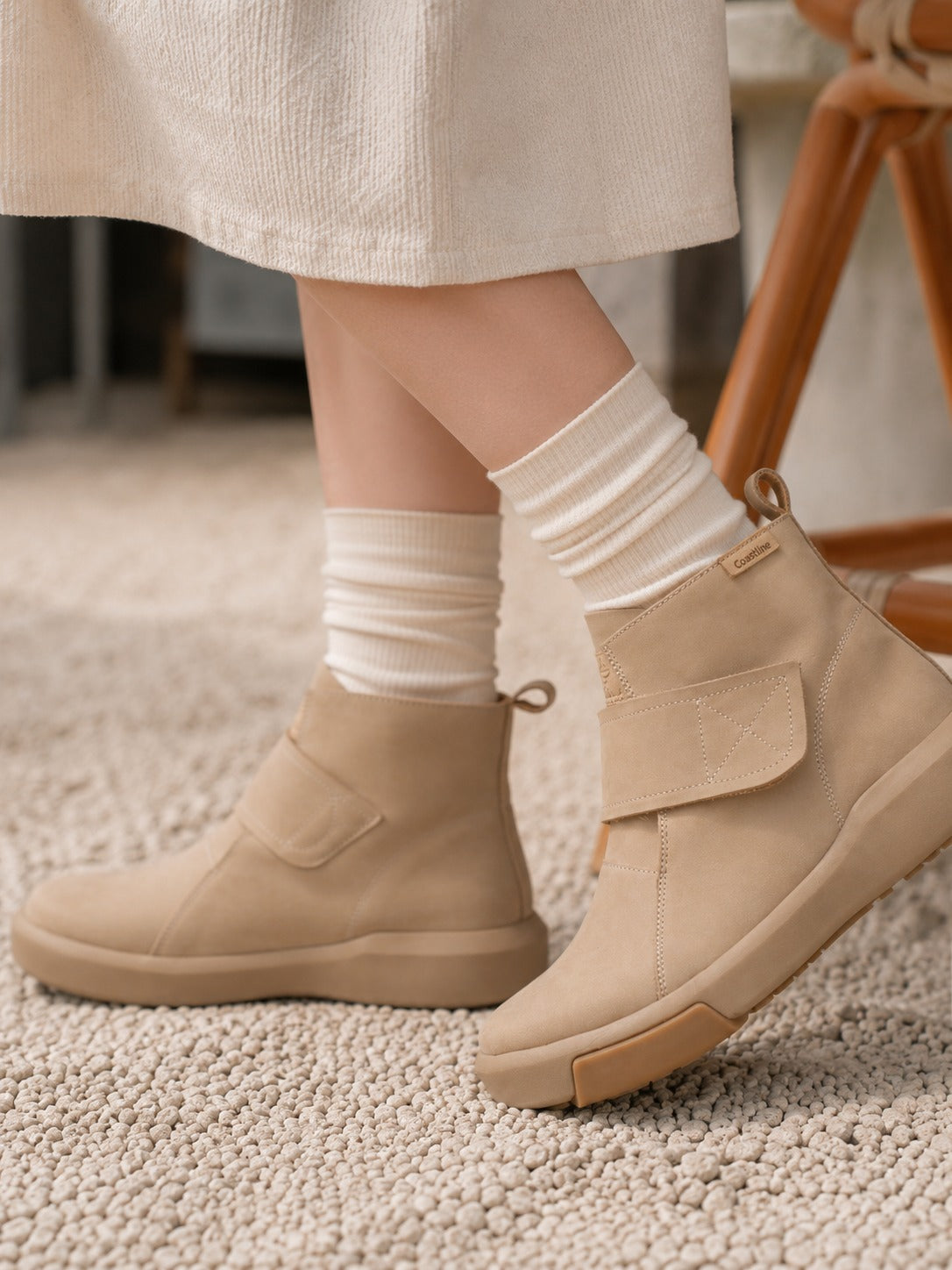 Beige Nubuck Ankle Boots with Strap Detail & Chunky Sole