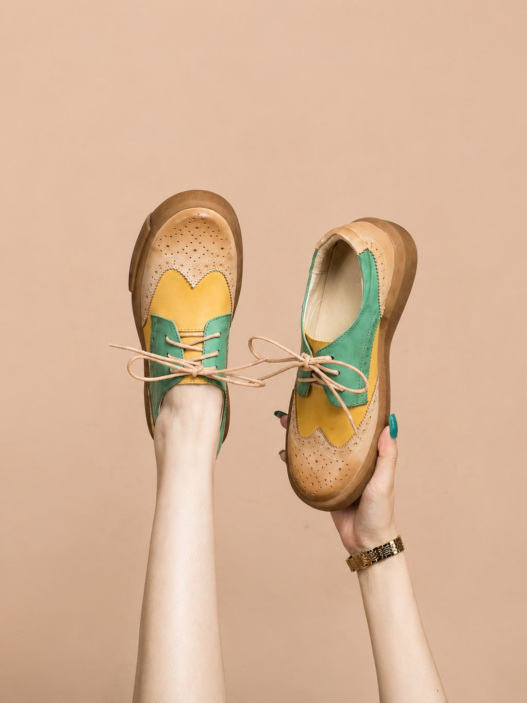 DANDY BLOCK Beige Multi-Color Leather Brogue Derby Shoes