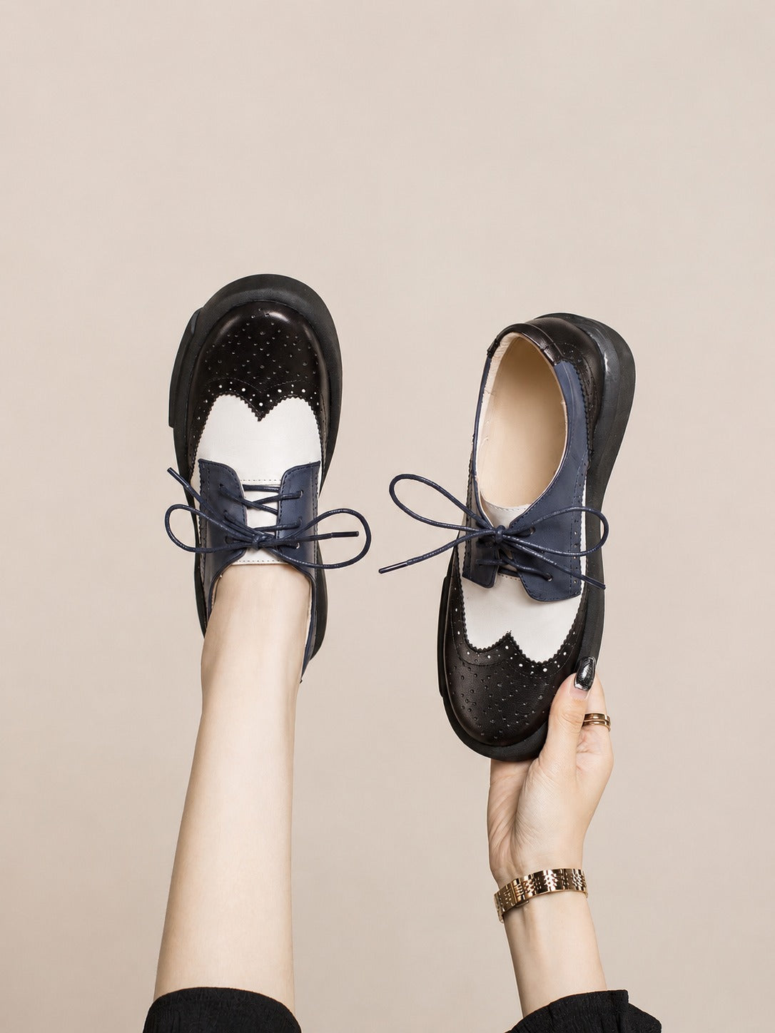 Dandy Block Tri-Color Leather Brogue Oxford Shoes